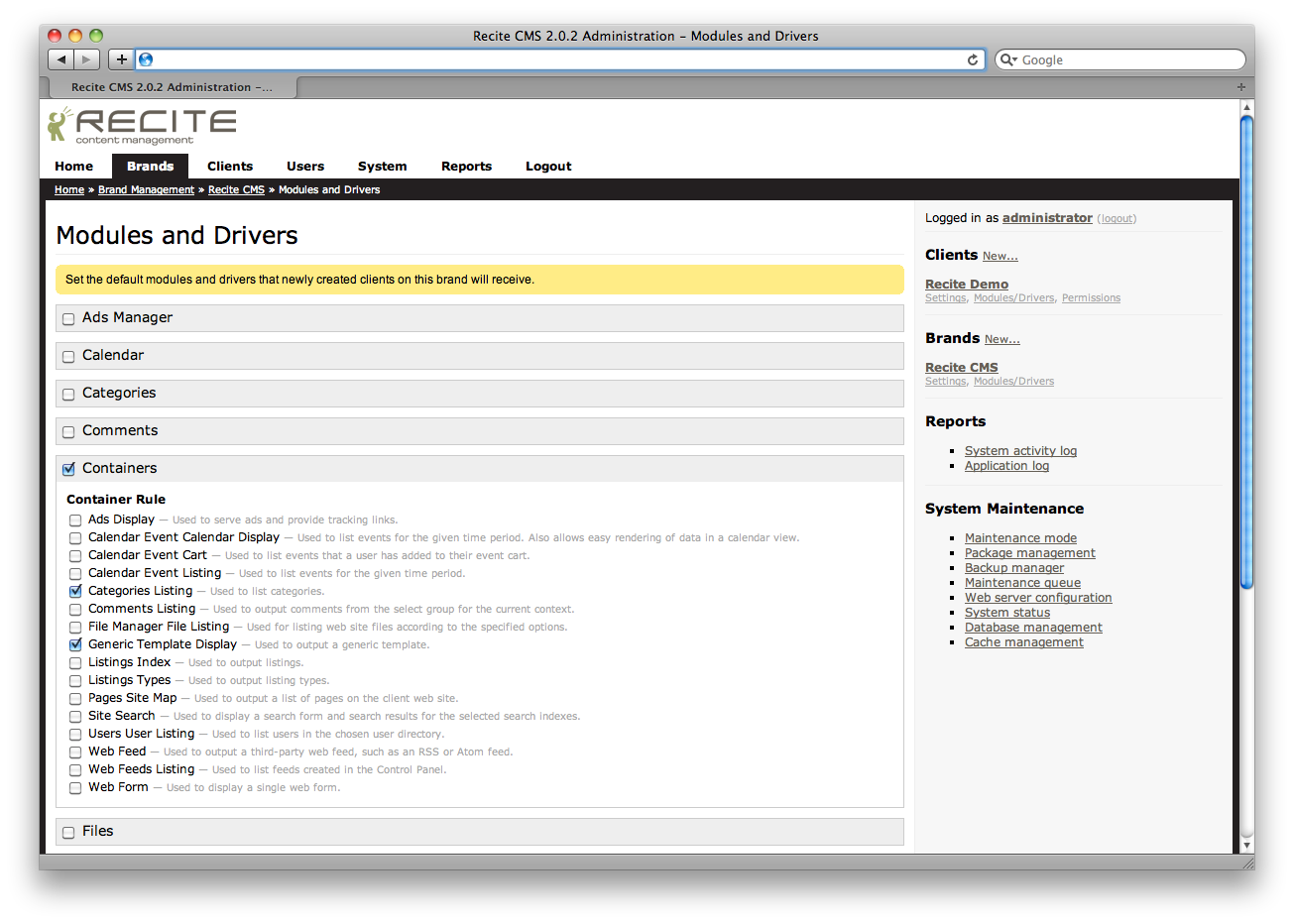The brand default modules and drivers page.