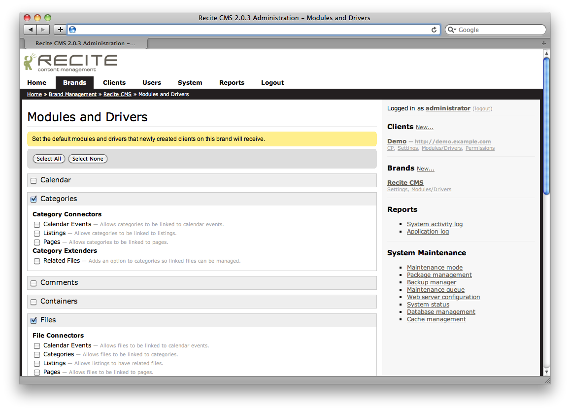 The client modules and drivers page.