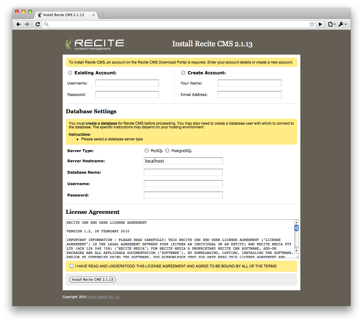 The Recite CMS installation screen.