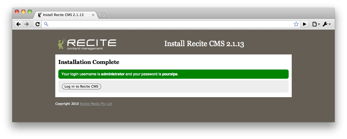 The Recite CMS Administration Site once installation is complete.