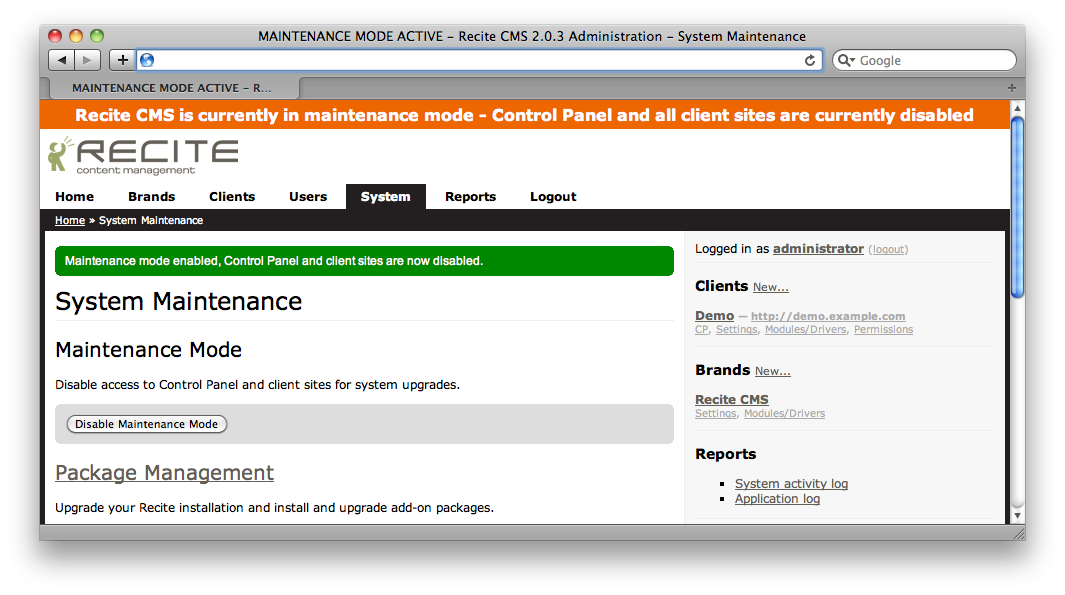 The system maintenance page with maintenance mode enabled.