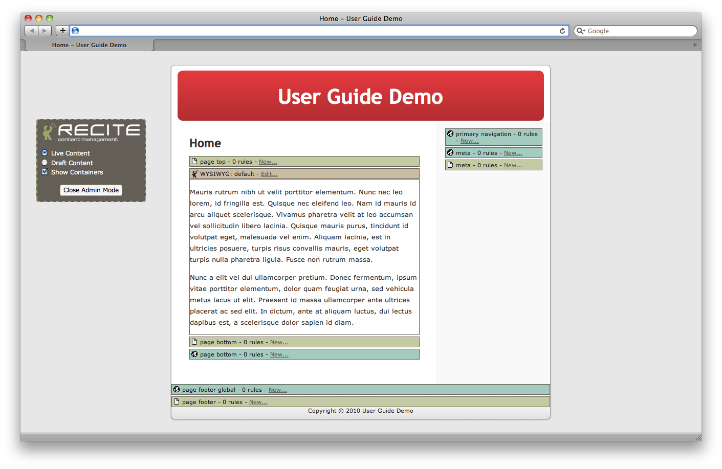 Viewing the site in administration mode