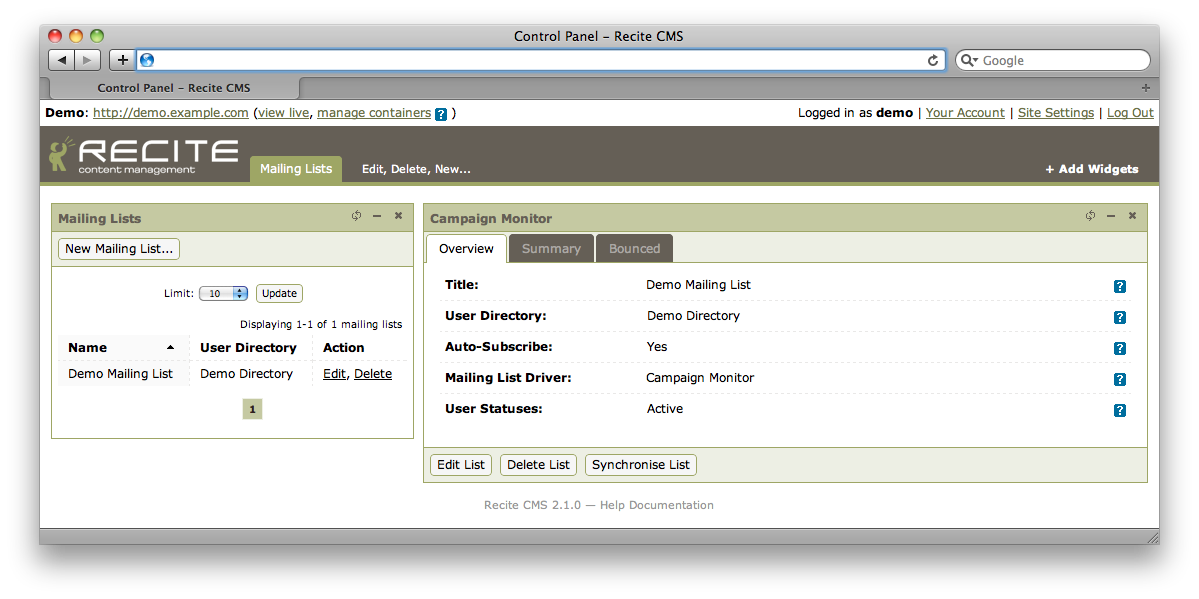 Managing mailing lists in the Control Panel